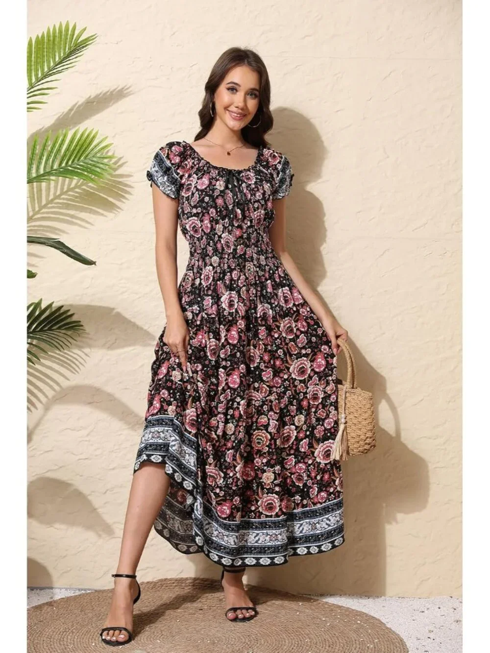Women's Black Pink Floral Flowy Print Tiered Short Sleeves Summer Maxi Dress_3